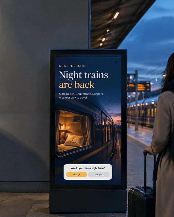 Station screen showing a vertical story for a night train service