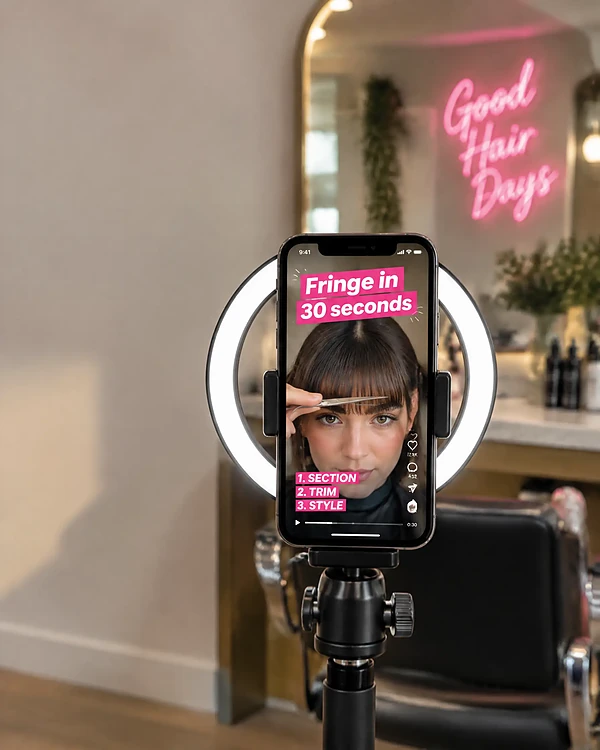 Phone on a ring light showing a short salon video with bold captions
