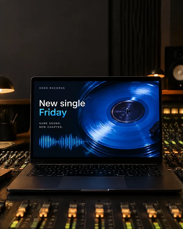Laptop in a recording studio showing an animated post for a music label