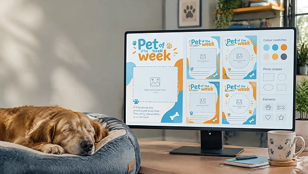 Screen showing reusable social post templates for a pet grooming brand