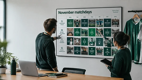 Football club staff planning social posts on a monthly wall calendar