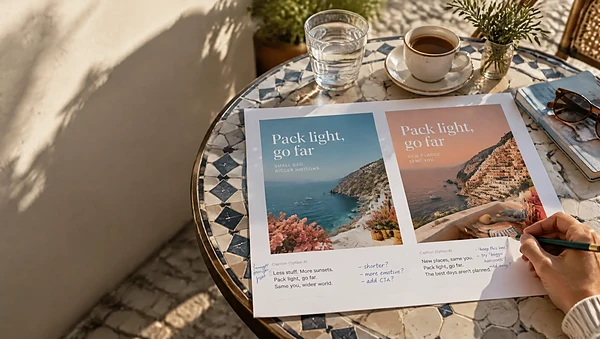 Printed social posts with caption edits on a café table