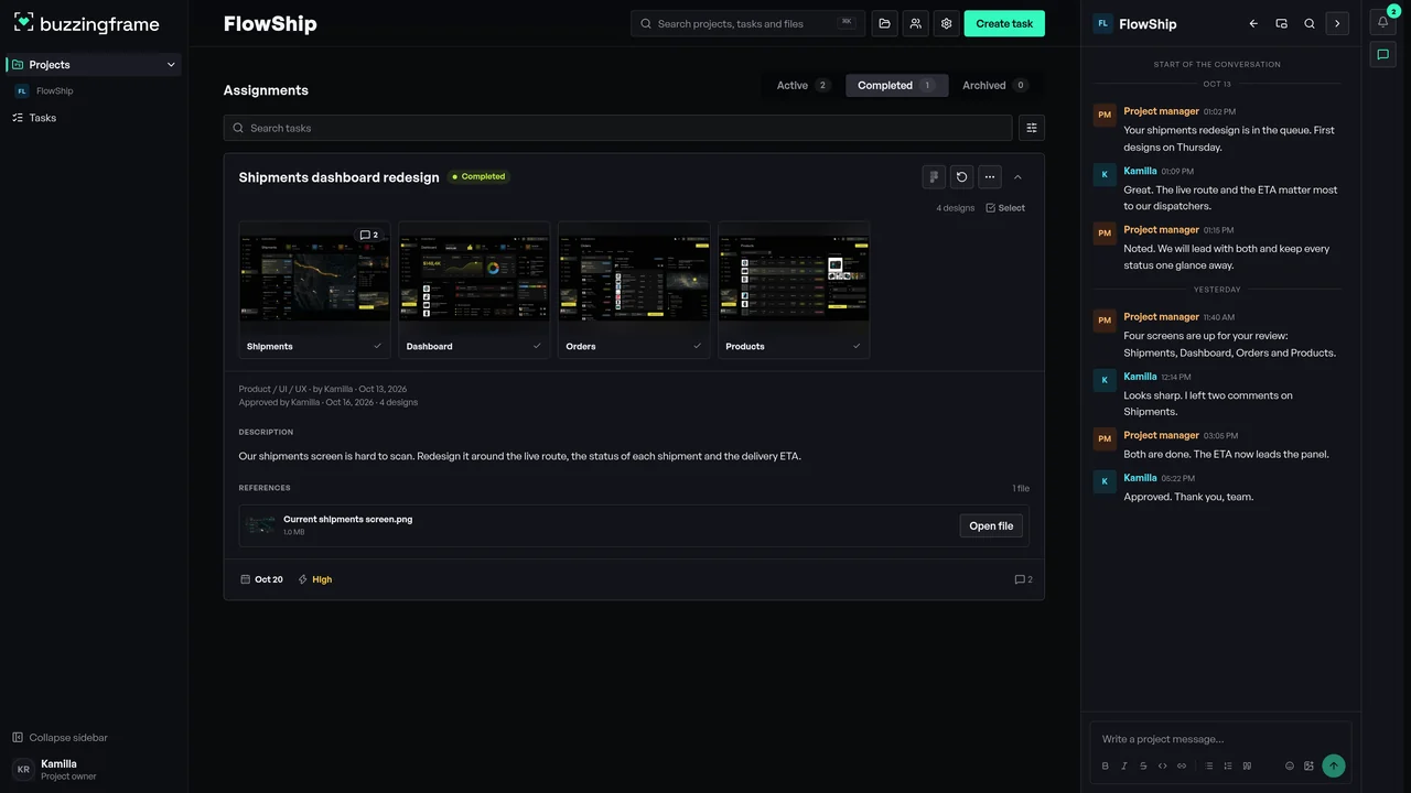 The FlowShip project in Studio: the task completed, with all four approved designs