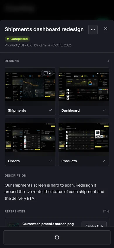 On a phone: the FlowShip project in Studio: the task completed, with all four approved designs