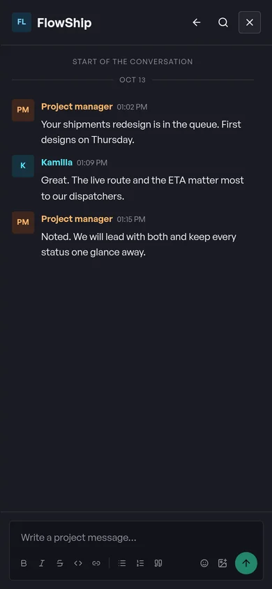 On a phone: the FlowShip project in Studio: the request in progress, and the project manager’s message that the first designs land on Thursday