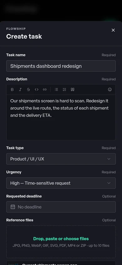 On a phone: the Create task form in Studio: FlowShip’s shipments dashboard redesign, with the current screen attached