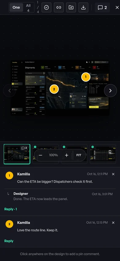 On a phone: the design viewer in Studio: the designer’s reply under the first pinned comment