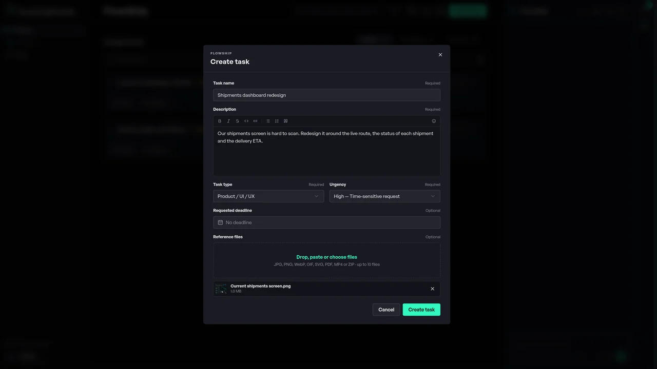 The Create task form in Studio: FlowShip’s shipments dashboard redesign, with the current screen attached