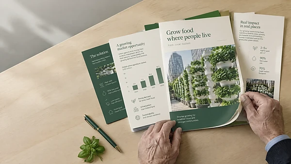 Printed pitch deck pages for a vertical farming startup on a boardroom table