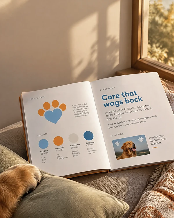Brand guidelines book for a pet health startup on a sunny window seat