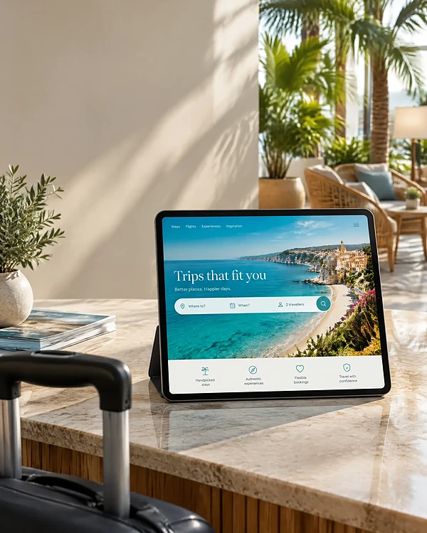 Tablet in a hotel lobby showing a travel booking website