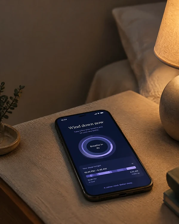Phone on a bedside table showing a calm midnight blue sleep app