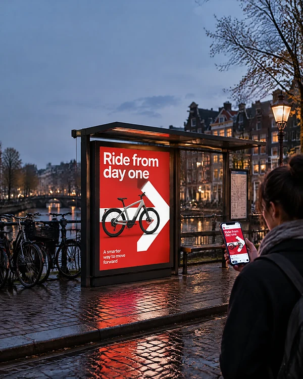 Amsterdam bus shelter with a red launch poster for an e-bike subscription