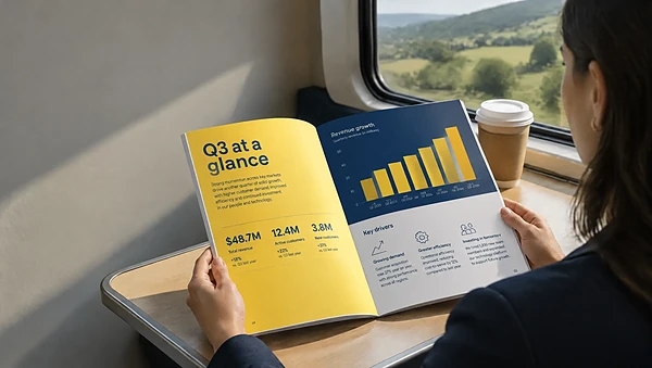 Printed one-page investor report for a solar startup on a train table
