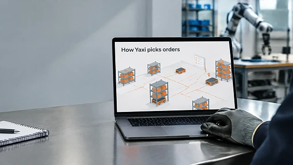 Laptop in a robotics lab showing an explainer animation of warehouse robots