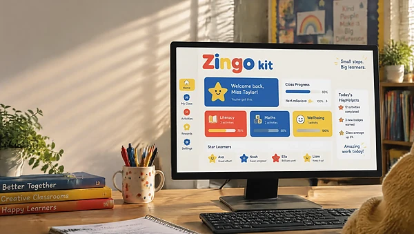 Monitor in a school staff room showing a playful learning app design system