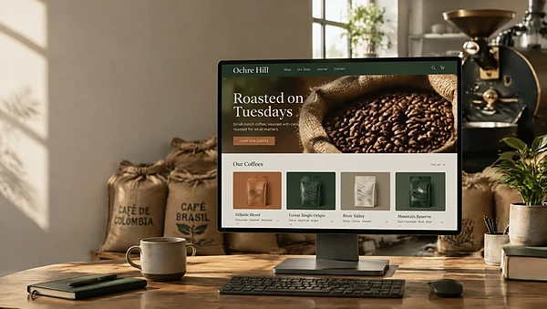 Monitor in a coffee roastery showing a website homepage