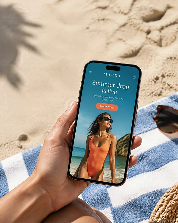 Phone on a beach towel showing a swimwear launch landing page