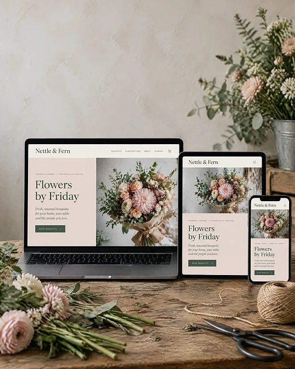 Laptop, tablet and phone on a florist's bench showing the same website