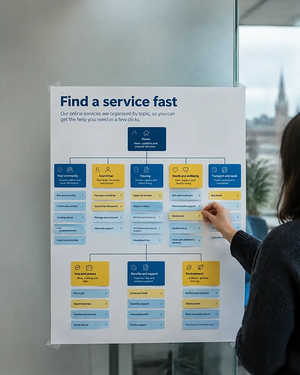 Printed website sitemap on a glass wall in a council office