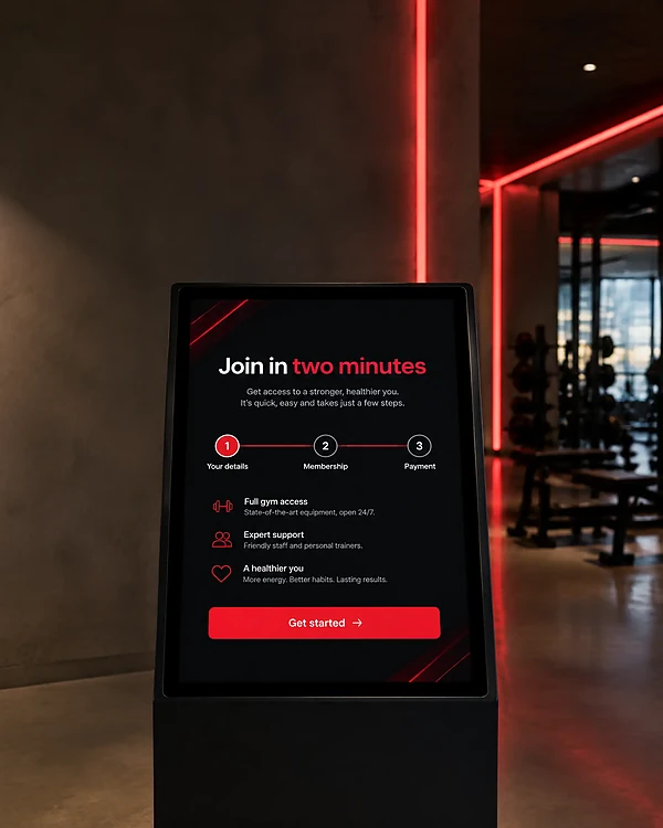 Gym lobby kiosk showing a simple membership sign-up page