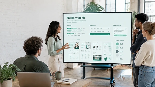 Team reviewing a website UI kit of buttons and page templates on a large screen