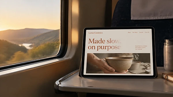 Tablet on a train showing a ceramics web page with animated headline
