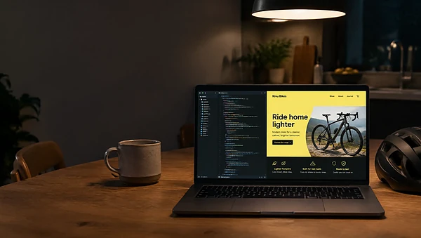 Laptop at night showing code next to a live bike shop web page