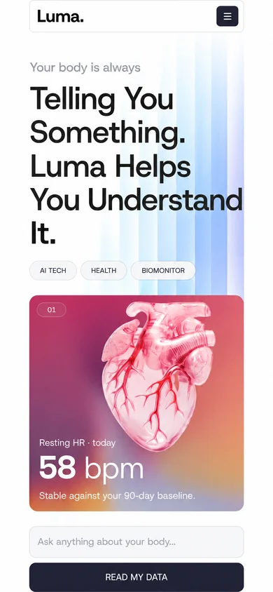 Luma landing page at phone width