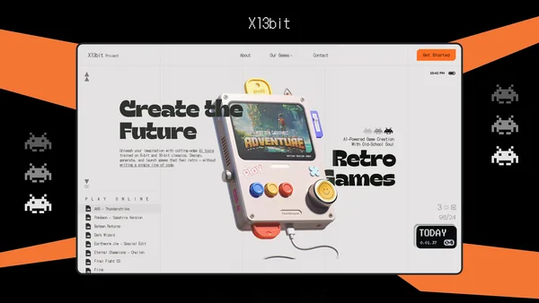 X13bit website in an orange and black frame with pixel invaders