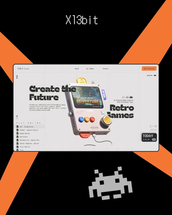 X13bit website in a portrait frame with an orange stripe and a pixel invader