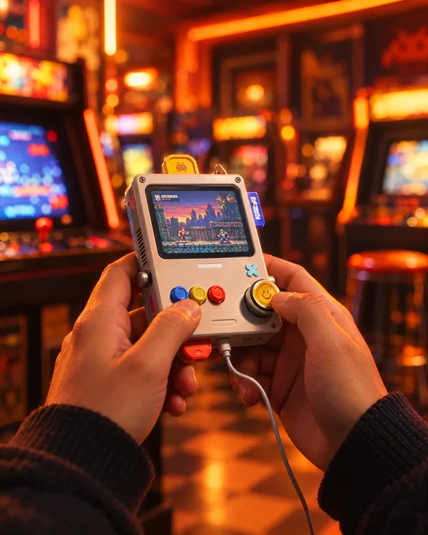 Hands holding the X13bit handheld in an arcade