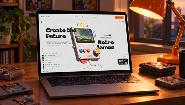 The X13bit website on a laptop on a desk with retro cartridges